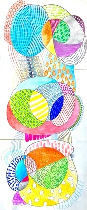 Artwork by Karyn Raz featuring a doodle drawing that includes bright pink, blue, green and many other colored patterns within circular shapes