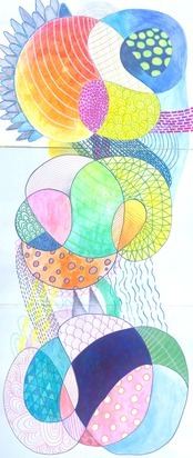 Artwork by Karyn Raz's featuring abstract doodles with many colorful gradations and patterns that include light pink, blue, green, and yellow
