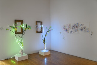 Gallery art installation by Lauren Trager featuring two tree shapes wrapped in neon green and white lights and two brown picture frames hanging on the wall